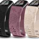 Minyee 3 Packs Floral Engraved Band Compatible with Fitbit Charge 6 Bands/Fitbit Charge 5 Bands Women, Cute Soft Silicone Dandelion Flower Pattern Sport Designer Fancy Summer Strap for Charge 6/5 (Black/ Violet Smoke/ Starlight)