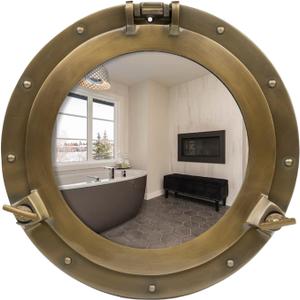 Porthole Mirror - 10 Inch Brass Finish | Nautical Wall Dcor for Bathroom and Bedroom | Antique Wall Mounted Aluminium and Steel Alloy Vintage Port Hole Window Dcor
