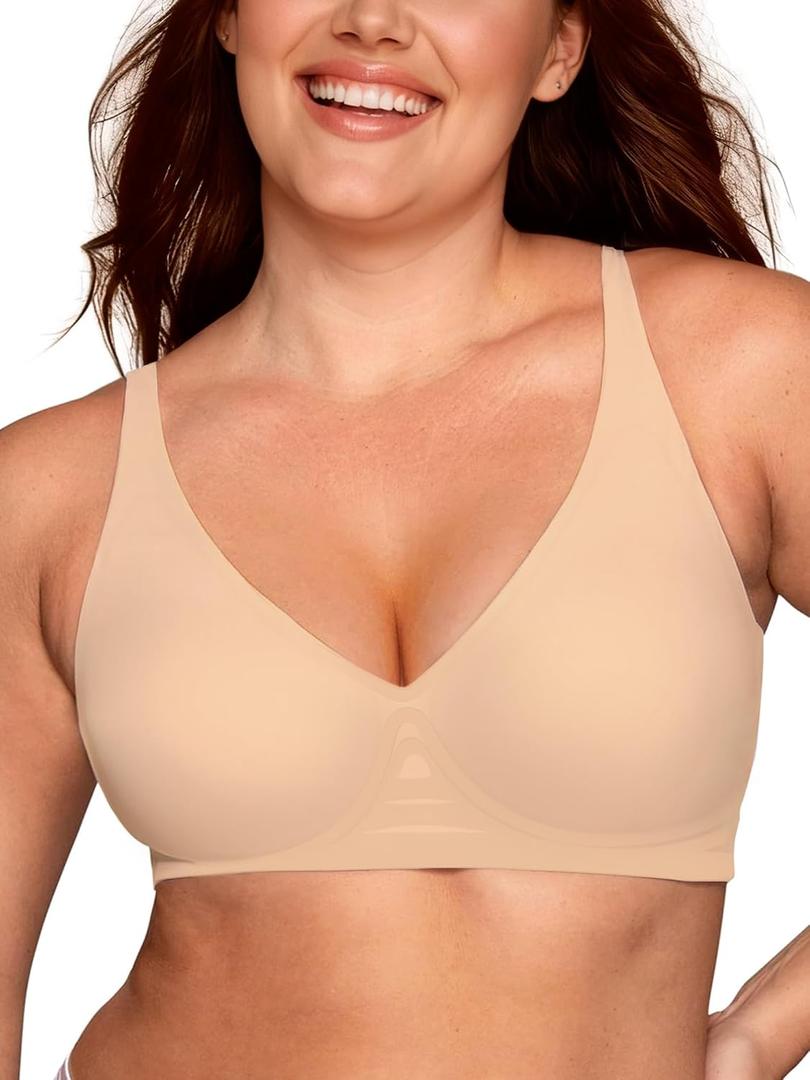 Women's Deep V Bra Wireless Seamless No Underwire Jelly Bras Supportive Comfortable T-Shirt Bra Push Up Plunge Bralettes (Beige,XL) (XL)