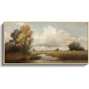 VIYYIEA Large Framed Canvas Wall Art, 20x40in, Rustic Country Landscape Art Painting for Living Room Bedroom Office, Above of Bed Neutral Retro Vintage Nature Decor, Big Horizontal Artwork