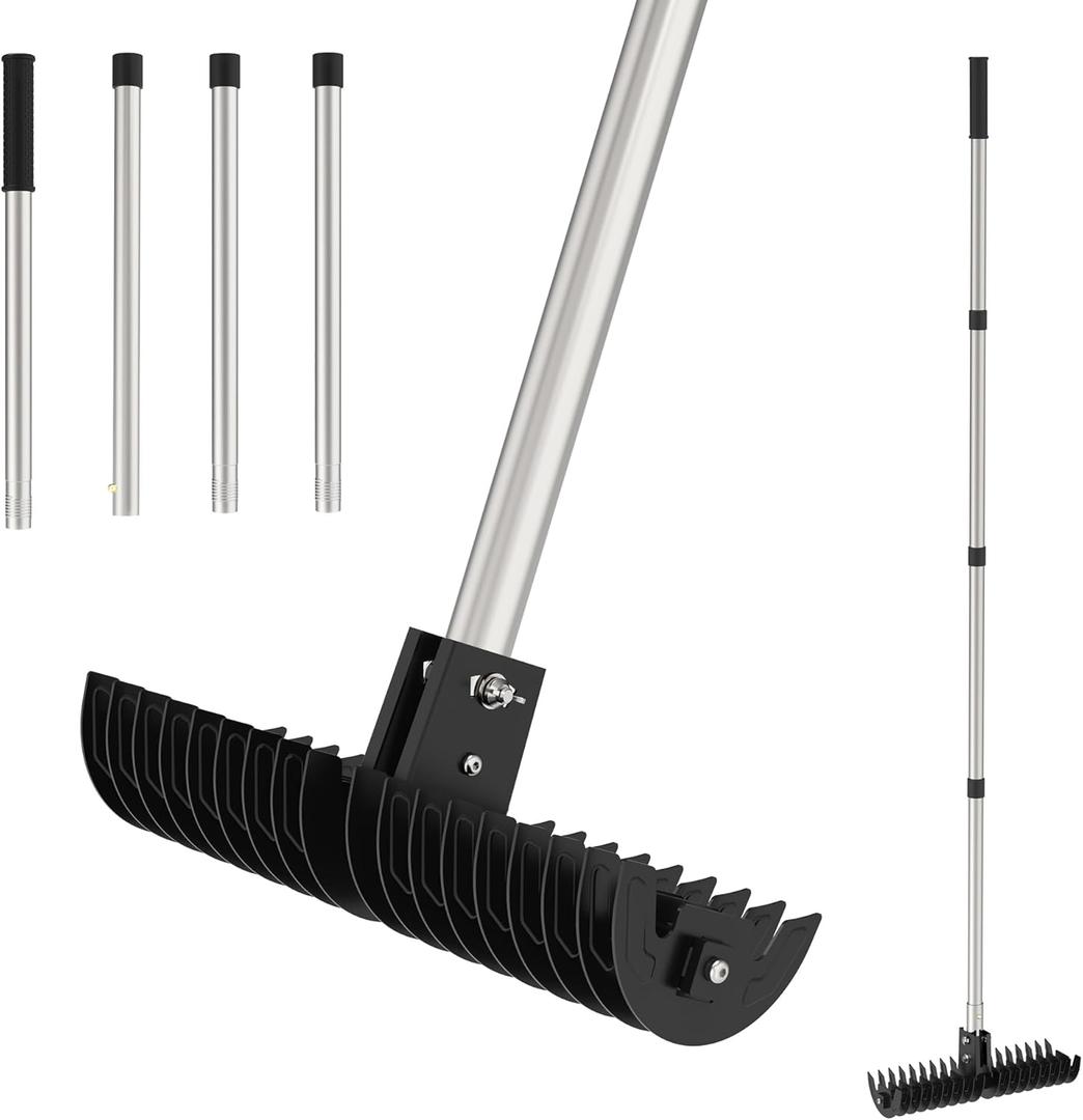 Lawn Thatch Rake, 15-Inch Steel Dethatching Tool, Adjustable 0-15 Angle and 38-68 Inch Length, Heavy-Duty Yard Rake for Dead Grass Removal and Lawn Care (Black, No Wheels)