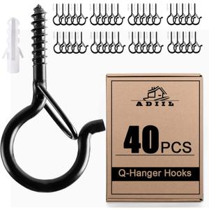 ADIIL 40 PCS Q Hanger Hooks with Safety Buckle, Windproof Screw Hooks for Hanging Outdoor String Lights, Plants, Christmas Patio Lights, 2.2 Inches, Black