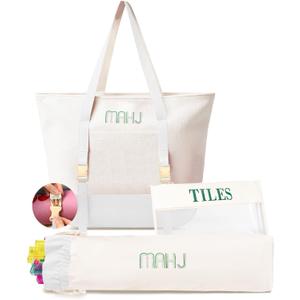 Empty Mahjong Tile Bags Set for American Tiles and Racks,Canvas Tote Bag with Mat Holder Accessories Organizer,Portable Mahjong Case Drawstring Protective Sleeve for Rack Pushers,Beige, 12 inches x 24 inches