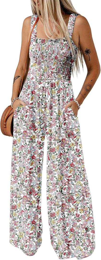 Dokotoo Women's Casual Loose Overalls Jumpsuits One Piece Sleeveless Printed Wide Leg Long Pant Rompers With Pockets (Large, Light Pink)