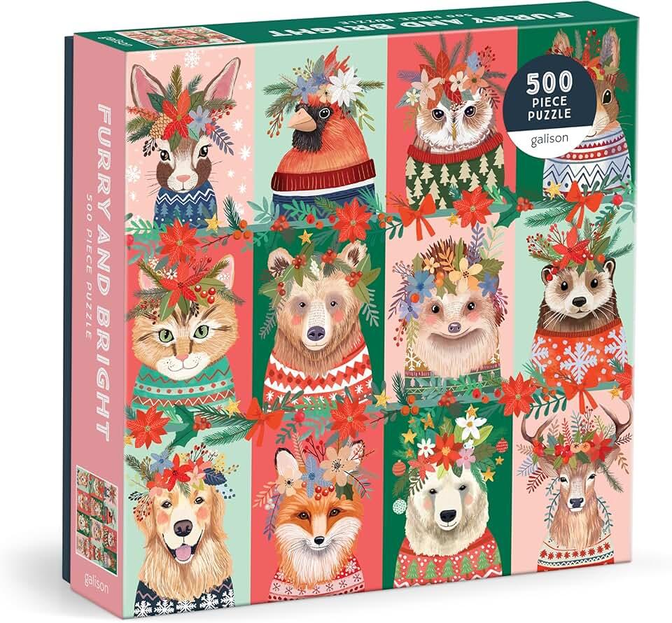 Galison Furry and Bright – 500 Piece Jigsaw Puzzle Featuring Adorable Portraits of Furry Friends Festooned for The Holidays