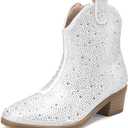 DREAM PAIRS Girls Cowgirl Cowboy Rhinestone Boots Ankle Low Heel Dress Booties (13 Little Kid, White)