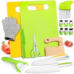iAOVUEBY 18PCS Kids Knifes Set for Real Cooking, Wooden Toddler Knife 2PCS Cutting Board Kitchen Gloves Fruit Vegetable Crinkle Cutters Plastic Kid Safe Knives, Birthday Gifts for Girls & Boys Age 3-8