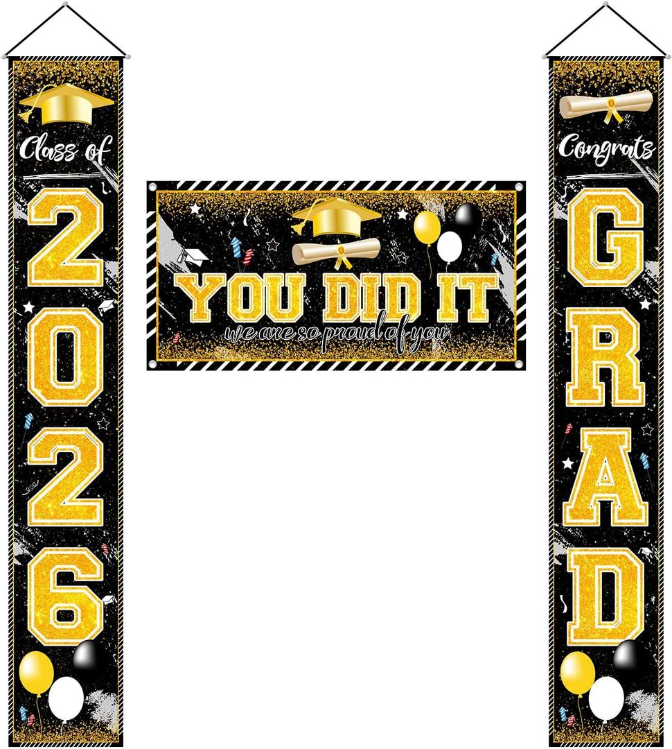 Black and Gold Graduation Decorations Class of 2026 Congrats Grad Banner Grad Porch Sign Door Banner and You Did It Backdrop for High School Graduation Decorations 2026