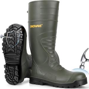 Showave Men's Steel Toe Rubber Boots Kevlar Sole Safety Work Boot Puncture-Proof Rain Boot Slip & Oil Resistant Outsole for Industrial Construction Agriculture (Green, Size 10)