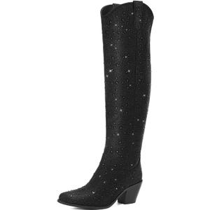 Rollda Rhinestone Cowboy Boots, Sparkly Over the Knee Cowgirl Boots, Pointed Toe Knee High Boots with Chunky Heel Thigh High Boots (9, Black)