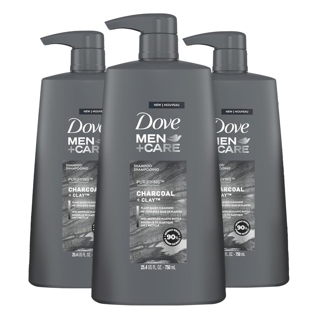 Dove Men+Care Shampoo Charcoal + Clay 3 Count For Healthy-Looking Hair Naturally Derived Plant Based Cleansers 25.4 oz