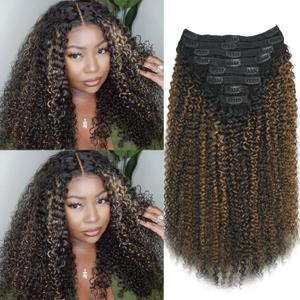 3c 4a Curly Clip in Hair Extensions T1BP1B/30 Omber Kinky Curly Clip ins For Women Brazilian Virgin Clip on Hair (14inch,T1BP1B/30)