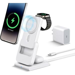 DDUAN Foldable Wireless Charging Station: 3-in-1 Charger Stand with 5000mAh Portable Power Bank for iPhone 16/15/14/13/12 - Removable Battery Pack for Apple Watch (White)