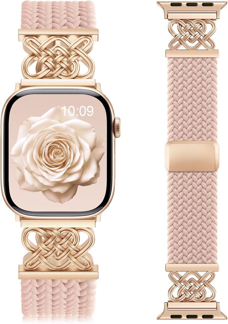 Braided Stretchy Band for Apple Watch Bands for Women 38mm 40mm 41mm 42mm | Celtic Love Knot Metal Connector,Magnetic Clasp,Soft Elastic Nylon Straps for iWatch Series 11/10/9/8/7/6/5/4/3/2/1/SE/Ultra