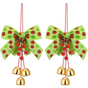 2 Pcs Red Green Christmas Jingle Bell with Velvet Ribbon Bows and Pine Cone Hanging Ornament Christmas Door Knob Hangers Tree Topper Wall Wreath Decoration for Cabinet Door Handle Knob Party Decor (Berry)
