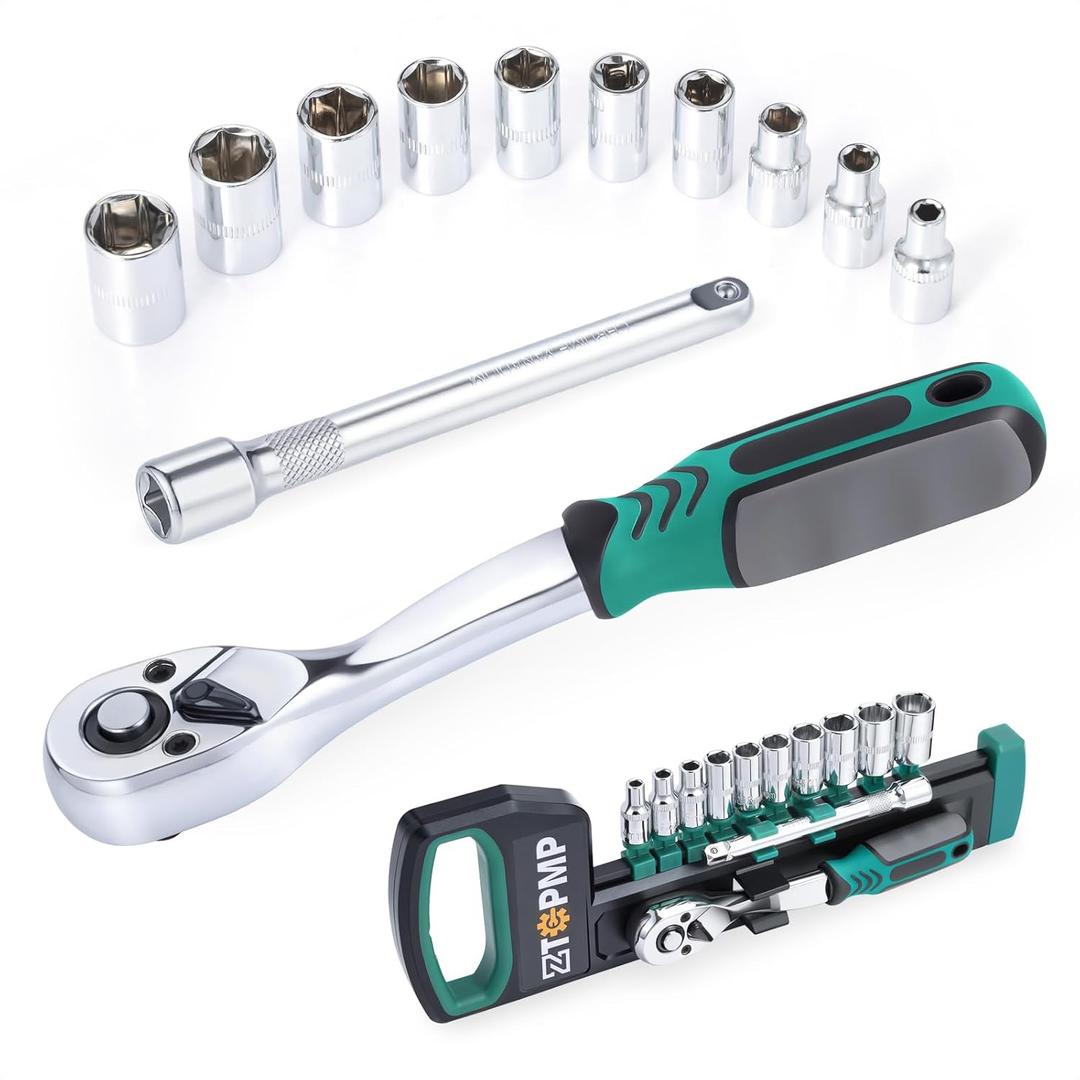 ZTGPMP 12Pcs 1/4 Inch Drive Ratchet Socket Wrench Set, 72 Teeth Bent Handle Release Ratchet Wrench with CR-V 6 Point Shallow Metric Sockets (4mm-13mm) And Extension Bar