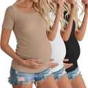 3 Pack Womens Maternity Shirts Summer Short Sleeve Ribbed Pregnancy Clothes Trimesters or Postpartum Cotton Tees (S)