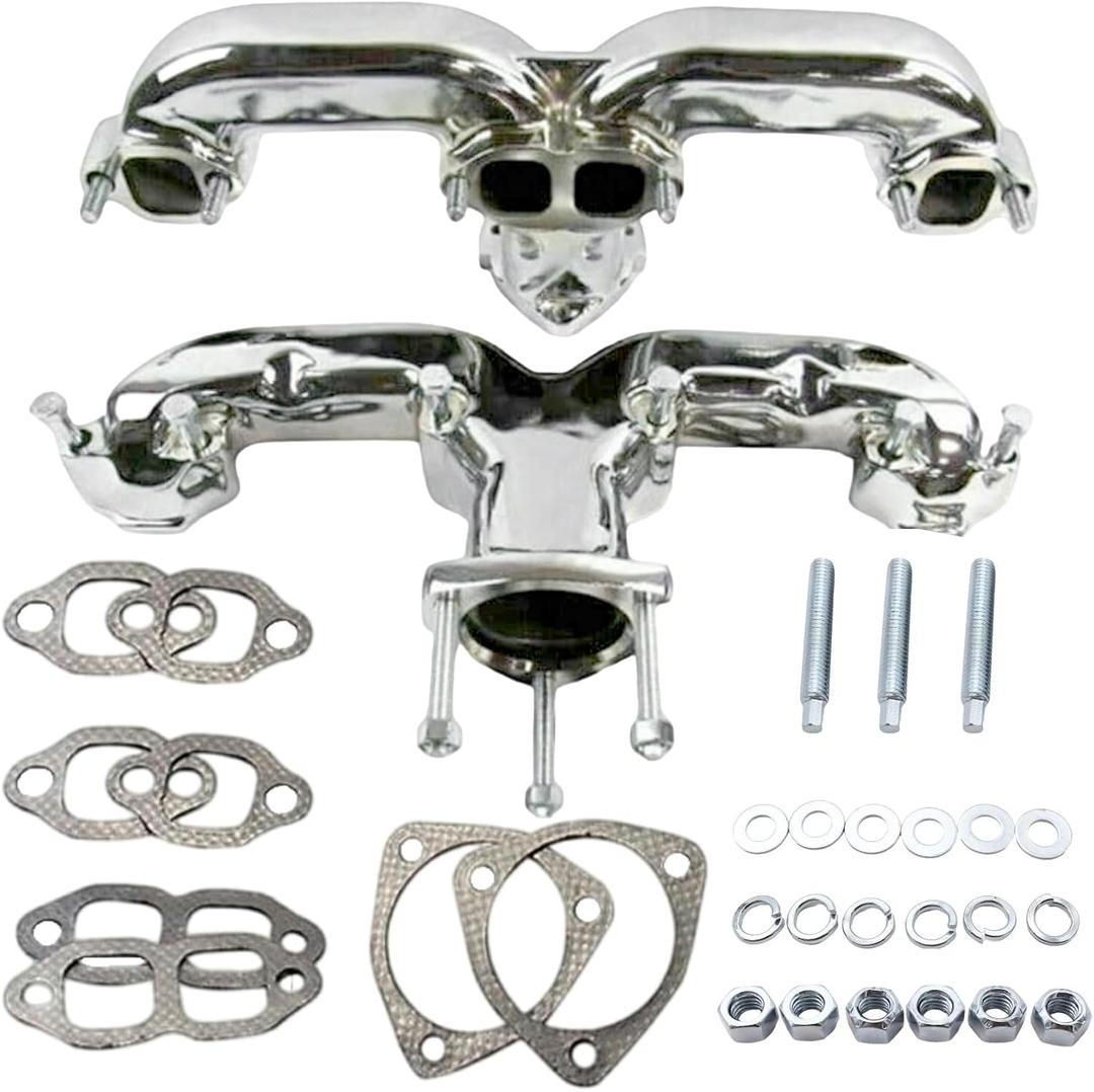 1 Set Polished Chrome Rams Horn Exhaust Manifolds With all gaskets and hardware Compatible with Small Block Chevy SBC 283 305 327 350 400