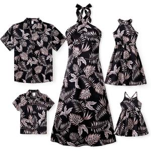 PATPAT Family Matching Summer Outfits, Hawaiian Vacation Women Beach Dress, Girls Sundress, Men and Boys Button Down Shirt (Medium, Black Floral)