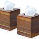 2 Pack Acacia Wood Tissue Box Cover, Square Wooden Tissue Holder for Bathroom, Living Room, Dining Table, Decorative Cube Facial Tissue Box Cover, 5.3 x 5.3 x 5.9 inches