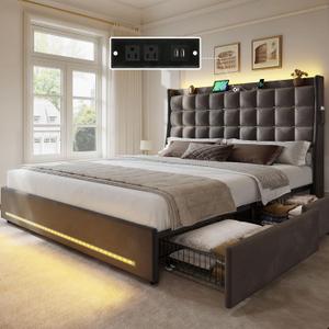 YITAHOME Queen Size Bed Frame with 4 Drawers and RGB LED Lights, Velvet Upholstered Platform Bed with Charging Station and Storage Headboard, No Box Spring Needed, Easy Assembly, Noise-Free, Grey