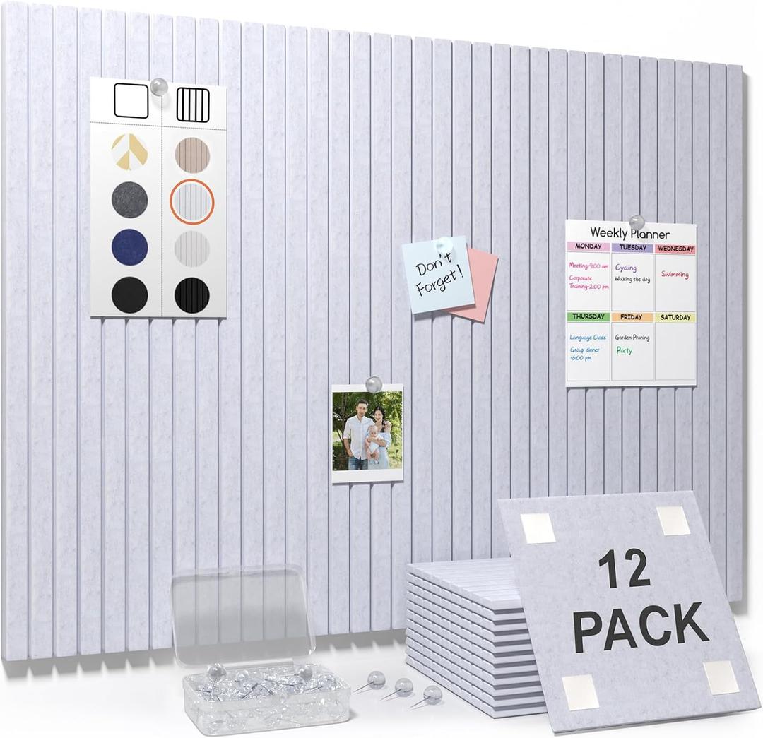 Smarpau Large Felt Bulletin Board 48"x36"- 12 Pack Self-Adhesive Pin Board Tiles with 35 Push Pins & 50 Removable Tabs, Cork Board Alternative for Office, Classroom, Home & Kitchen Decor-Grey