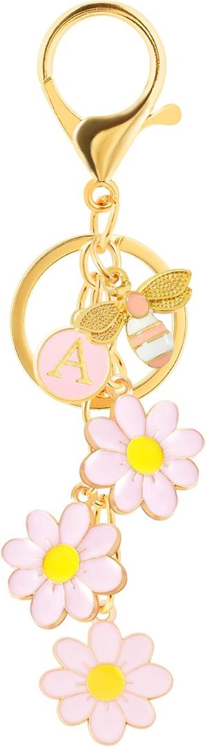 4 x Letter Keychain with Flower & Bee for Women, Girls - Initial Bag Charm for Backpack, Purse, Handbag, or School Bag