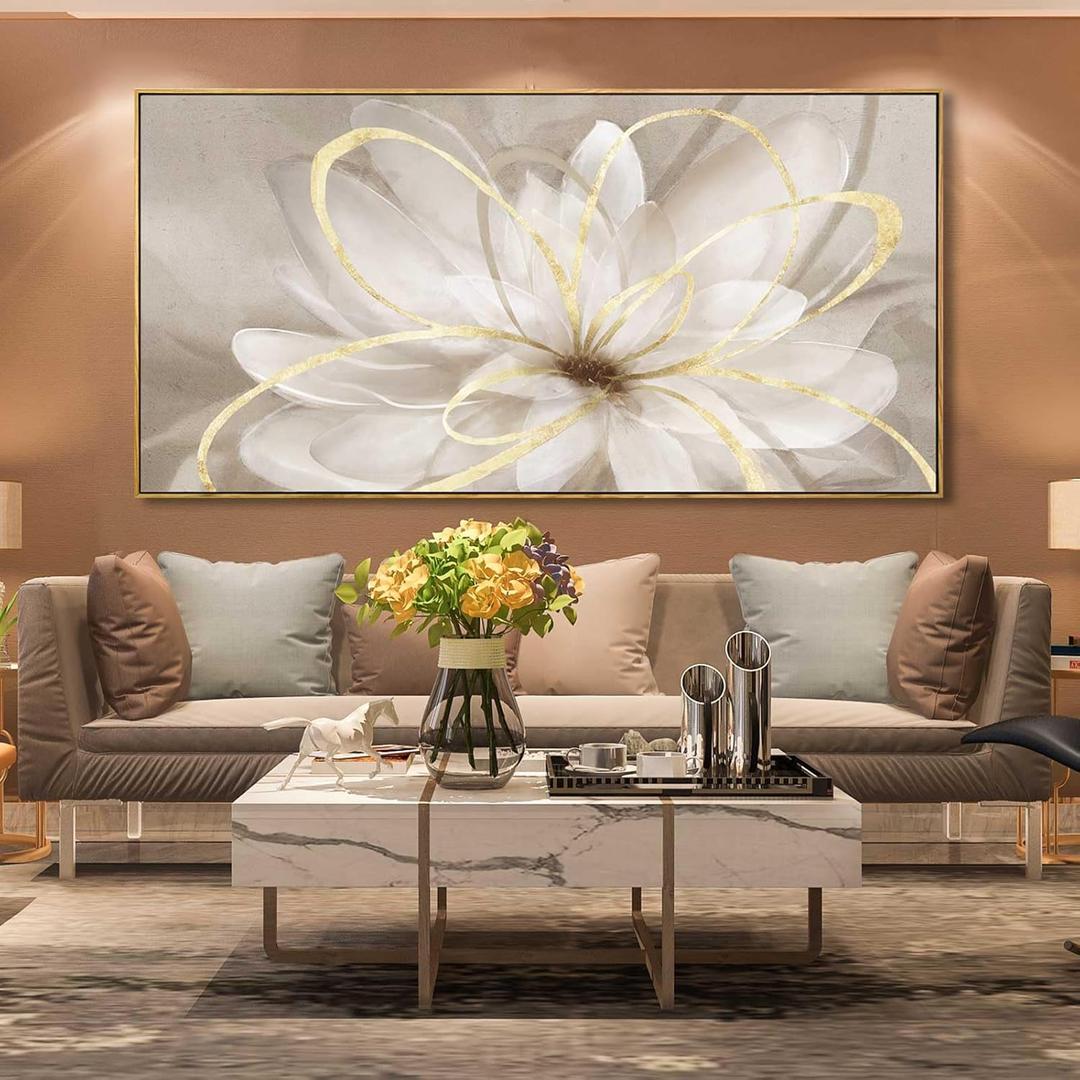SOUGUAN Room Decor Large Canvas Wall Art Living Room Decor Gold Wall Decor Line Picture Artwork White Floral Wall Decor Modern Painting for Bathroom Bedroom Office 30x60 Inches, Gold
