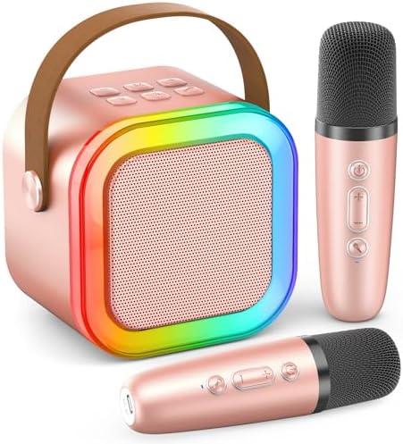 Karaoke Machine for Kids Adults, Portable Bluetooth Mini Karaoke Microphone Singing Speaker with 2 Wireless Mic and Light,Toys for All Smartphones,Birthday, Family,Home Party (Rose Gold)