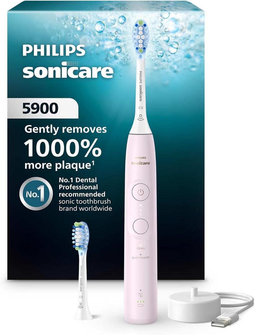 Philips Sonicare 5900 Series Electric Toothbrush - Next-Generation Sonicare Technology, Pressure Sensor, 6 Brushing Settings, SmarTimer, BrushPacer, 21-Day Runtime, Light Pink, Model HX7132/02
