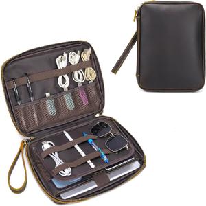 LANNSYNE Full Grain Leather Electronic Organizer Accessory Travel Tech Pouch, Cable Accessories Bag, Storage Carry Case for Charger, Phone, Power Bank, Cables, Cable