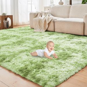 OPPODREAM Area Rugs 9x12 for Living Room, Ultra Soft Nursery Rugs for Bedrooms, 9 x 12 Fluffy Kids Carpet with 0.4" Thick Non-Slip Backing, Long Pile Shag Carpet, Fuzzy, Large, Tie-dye Green