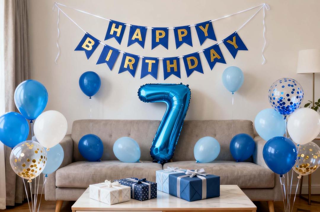 7th Birthday Decorations Blue Gold for Boys Girls, Number 7 Foil Balloons with Happy Birthday Banner for 7 Years Old Party Supplies Boys and Girls Blue Gold Themed Party (7th)