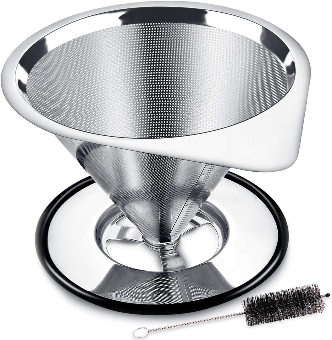 LHS Pour Over Coffee Dripper Stainless Steel Coffee Filter Metal Cone Filter Paperless Reusable Coffee Filter Single Cup Coffee Maker 1-2 Cup With Non-slip Cup Stand and Cleaning Brush