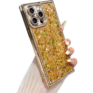 Yeddabox for iPhone 14 Pro Case Glitter, Luxury Sequin and Diamond Bumper Cover with Reinforce Corner, Soft Shockproof Protective Electroplated Case for iPhone 14 Pro for Women Girls, Gold