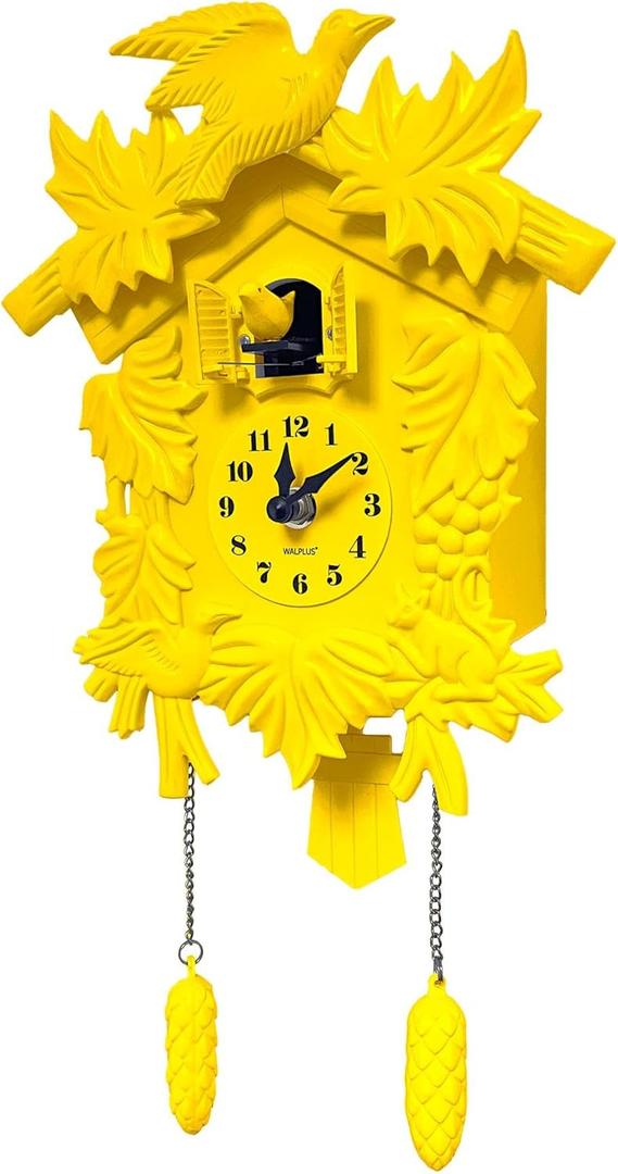 WALPLUS Chiming Cookoo Clock Bird Flapping Cuckoo Clocks Volume Adjustable Coo Coo Clocks Wall Decoration Battery Operated Pendulum Cuckoo Clock Classic Yellow for Home Living Room Office (One Size)