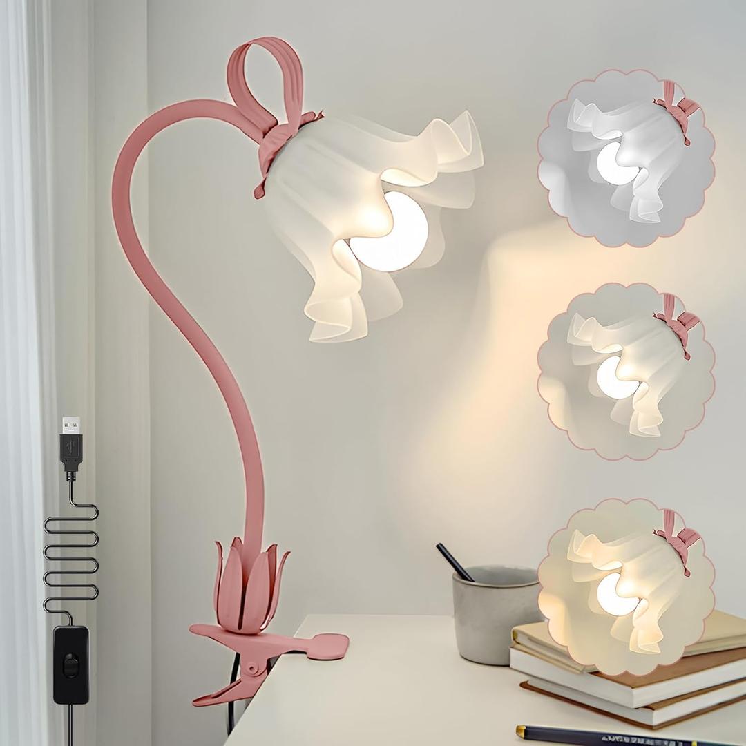 Clip On Light and Flower Bedside Table Lamp, Flexible Gooseneck Reading Book Light with 3 Color Modes, Night Light for Kids Nursery, Clip on for Desk, Bed Headboard, Dorm (Pink)