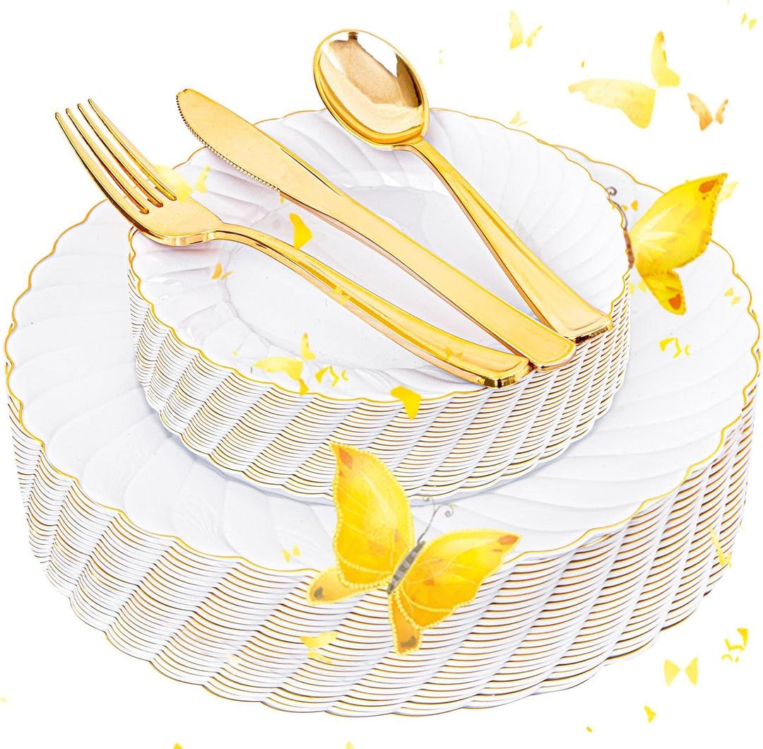 YOUBET 125PCS White Plastic Plates with Gold Rim, Gold Plates Disposable with Golden Silverware Include 25 Dinner Plate 25 Dessert Plate 25 Forks 25 Knives 25 Spoons For Wedding, Parties