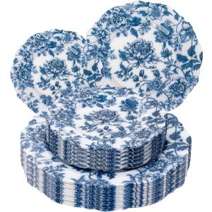 WDF 20PCS Blue Plastic Plates - Baroque White and Blue Plates - Chinoiserie Floral Party Decorations for Birthday/Tea Party/Spring (10inch 7inch, Blue Juyi Flower)