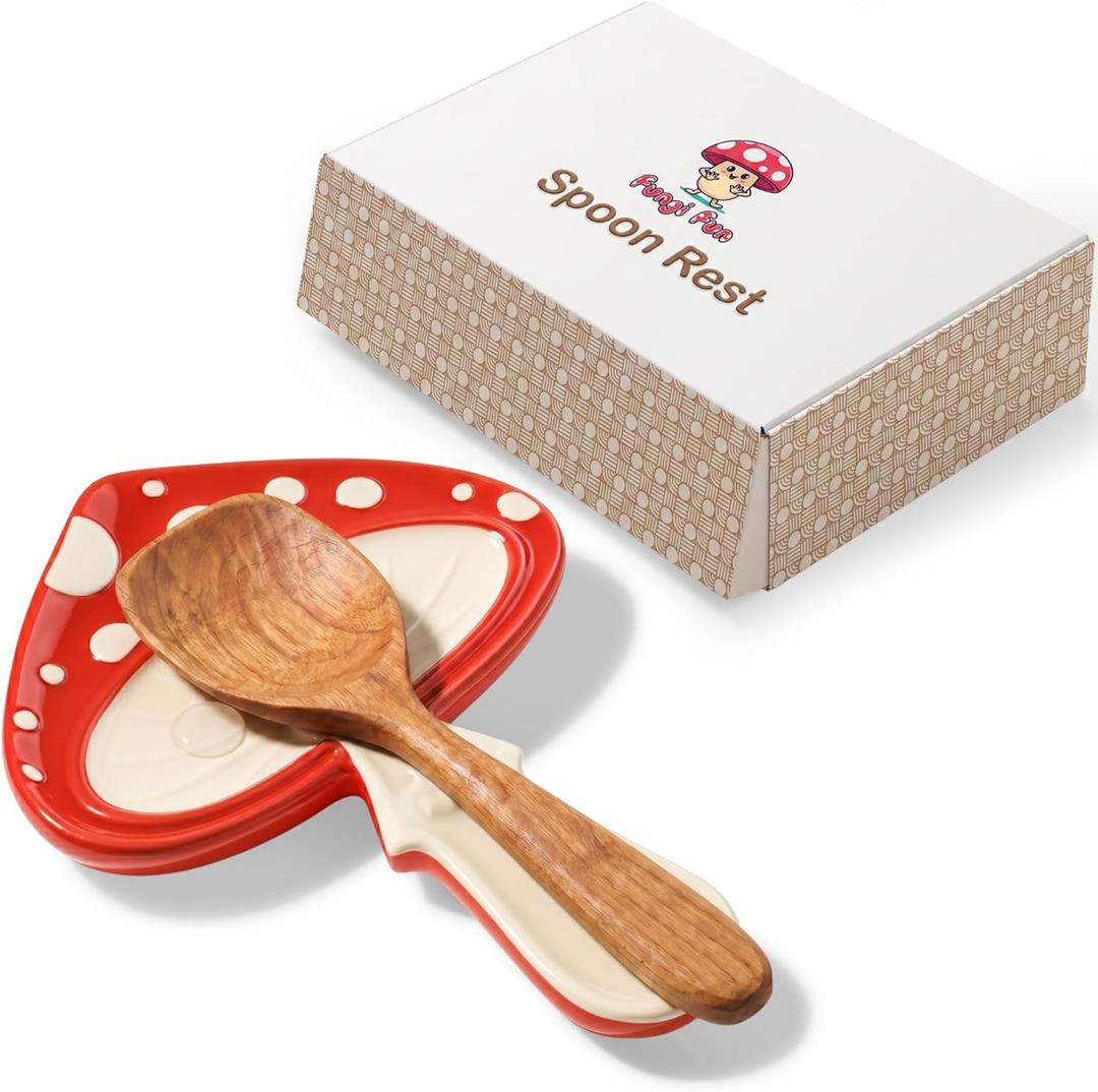 Fungi Fun Ceramic Mushroom Spoon Rest - Whimsical Kitchen Decor for Home, Mushroom Utensil Spatula Holder for Cooktop Surface, Cute and Durable Kitchen Accessories, Cottagecore Decor Red & Cream