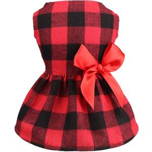 Buffalo Plaid Dog Dresses Cute Bowtie Clothes Cotton Soft Christmas Outfit Dog Costume for Dogs Cat Apparel (L)