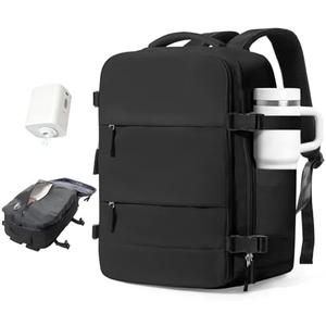 Vacuum Travel Backpack with Pump Women,Personal Item Carry on Backpacks Flight Approved 18x14x8 inches Men,Laptop Waterproof Work Compression bags Casual Daypack Mochila de Viaje Compresion al Black