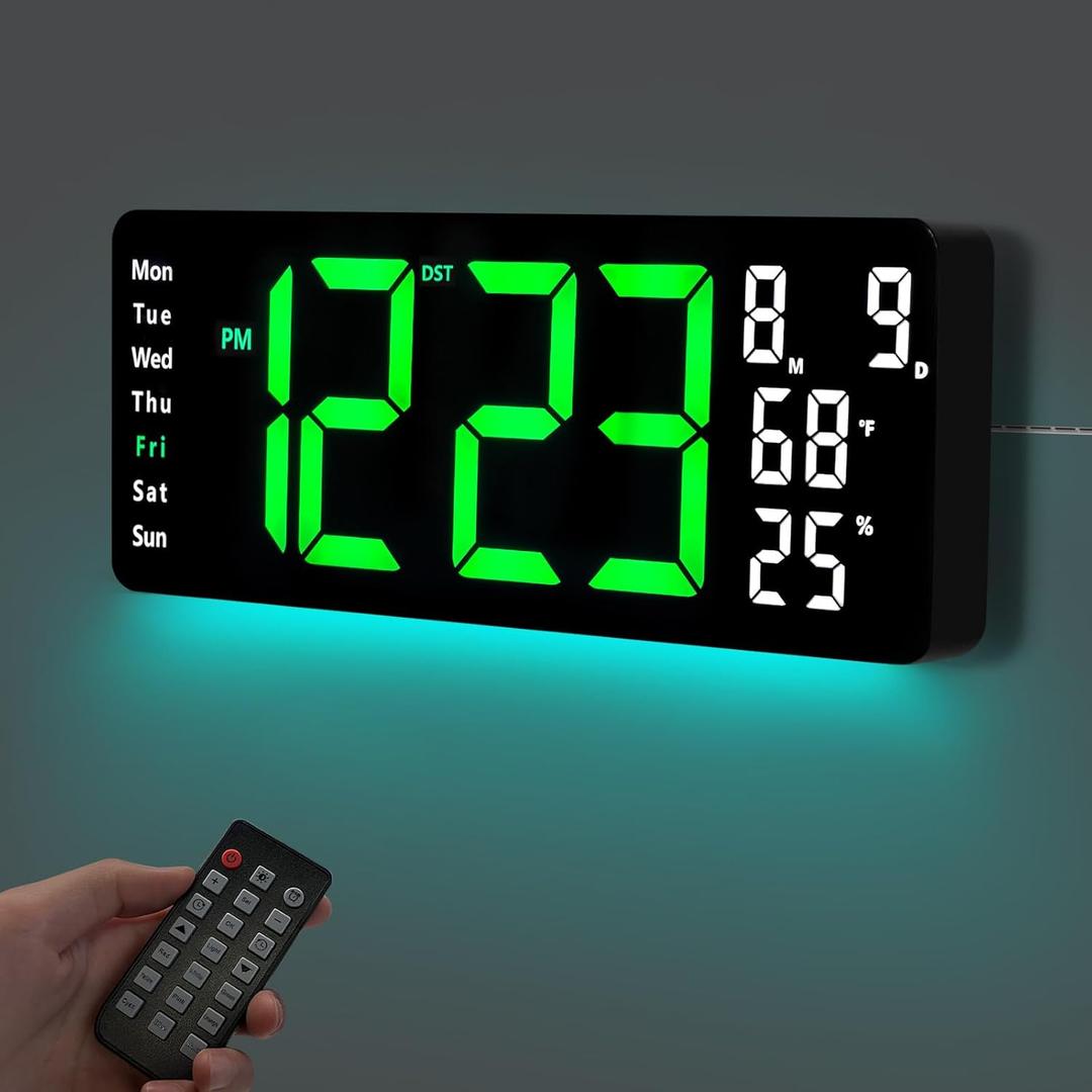 17.5 Digital Wall Clock, LED Display with Time, Date, Month, Temperature & Humidity, Remote Control DST, Alarm, Timer, 10-Level Brightness, Night Light for Home, Living Room, Bedroom & Office Dcor (Green)