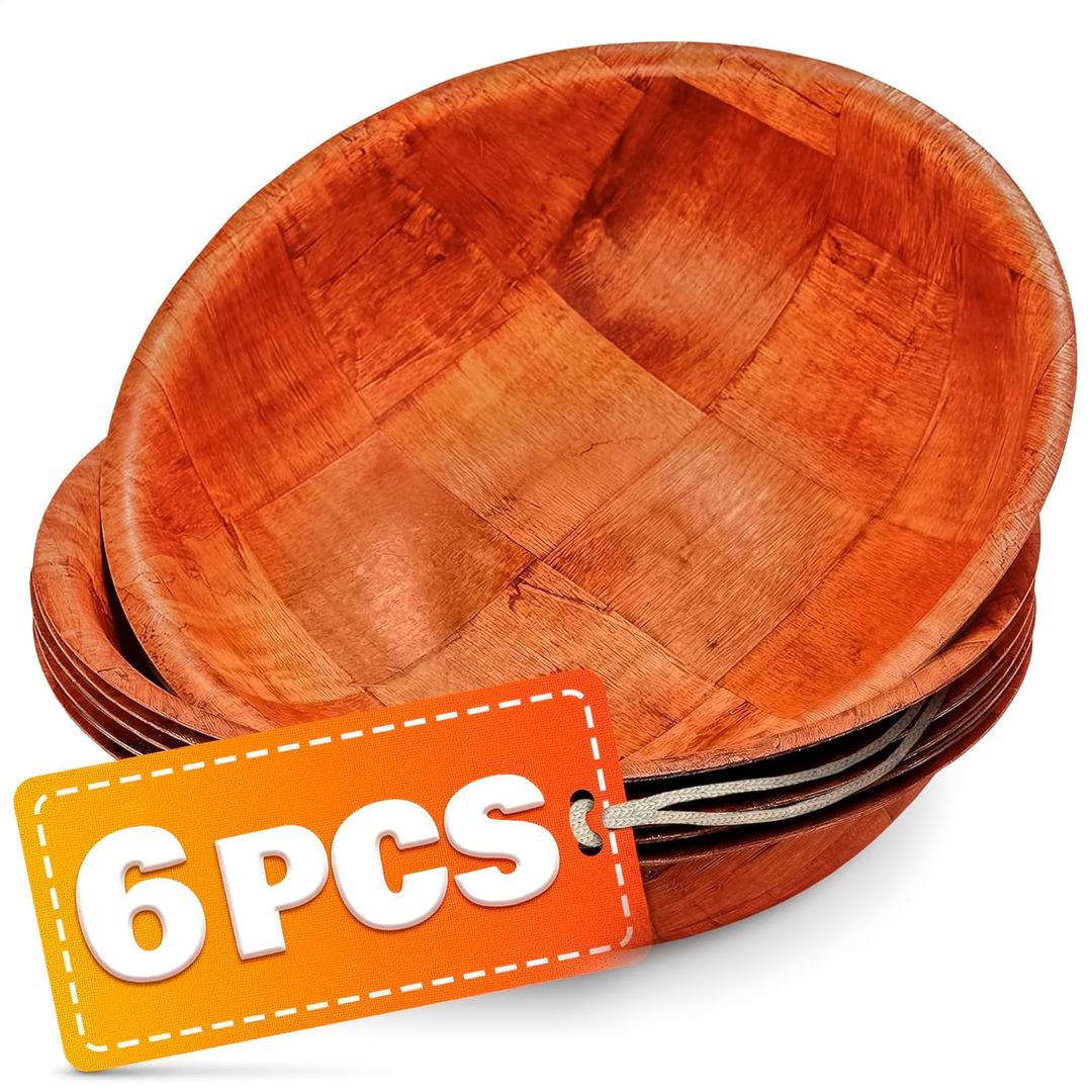 6Pcs Wooden Salad Bowl Set - 8 Inch Decorative Large Serving Bowls for Kitchen, Entertaining, Lunch - Small Snack, Soup, Fruit Bowls for Counter