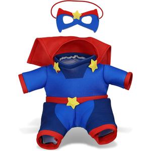 DolliBu Superhero Stuffed Animal Dress Up Set - Blue Super Hero Cape, Suit and Eye Mask Costume - Pretend Play Clothes for Teddy Bears - Large for 8 to 10 Inch Plush Toys