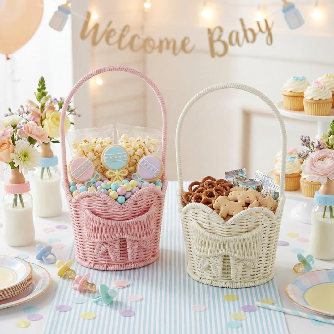 Youyole 2 Pcs Baby Shower Basket with Handle Woven Wicker Bow Wedding Basket for Treasure Storage Gathering Foraging Wedding Birthday Party Baby Shower, Pink White, 11" x 6"x 6"