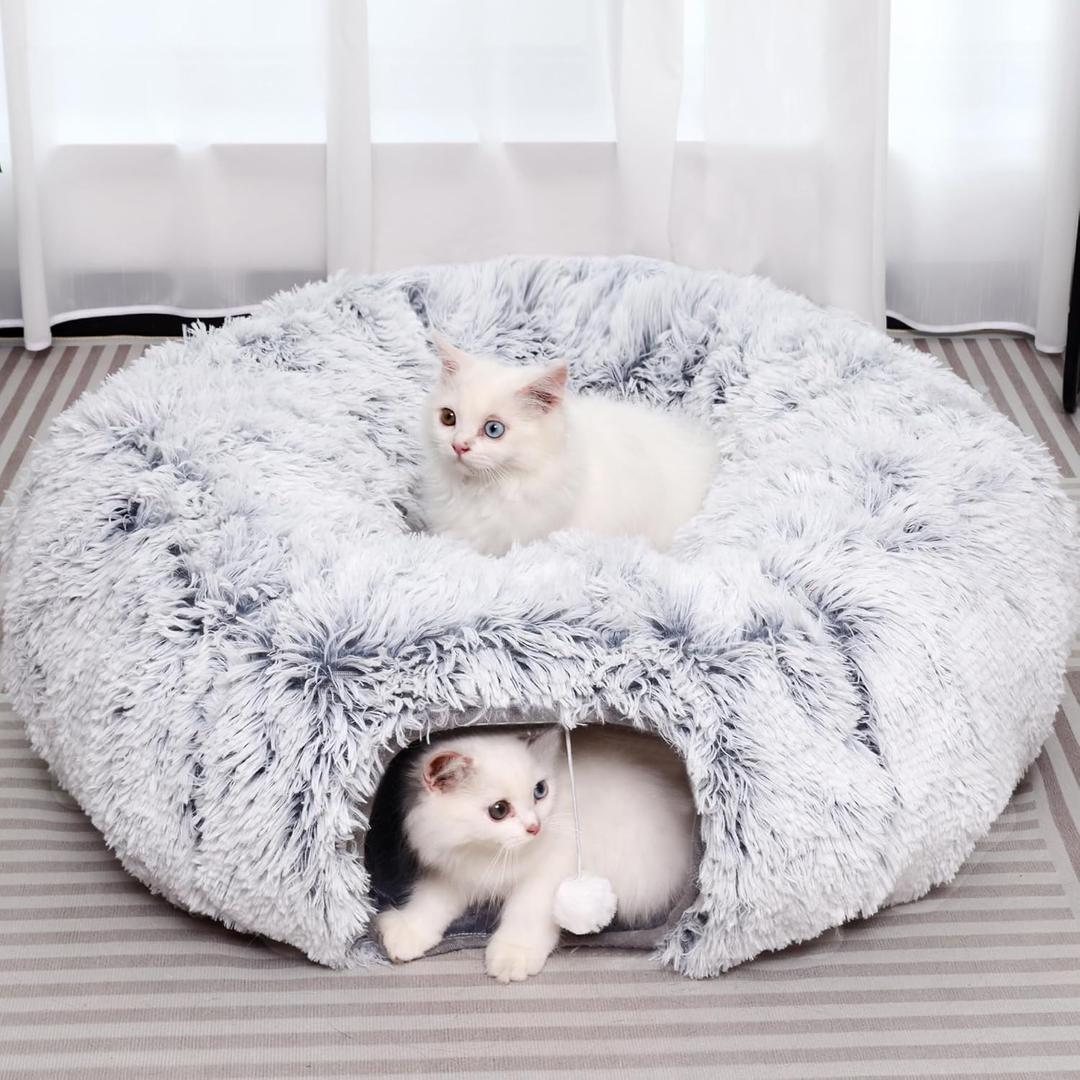 Plush Cat Tunnel with Cat Bed for Indoor Cats, Multifunctional Cat Donut Tunnel for Small Medium Large Cats Kitten Rabbit Puppies (Grey)
