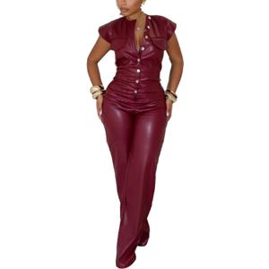 Molilove Womens Leather Jumpsuit Sexy Sleeveless Button Top Bodycon Jumpsuit Faux Leather Cargo Pants Romper Party Clubwear (Small, Wine)