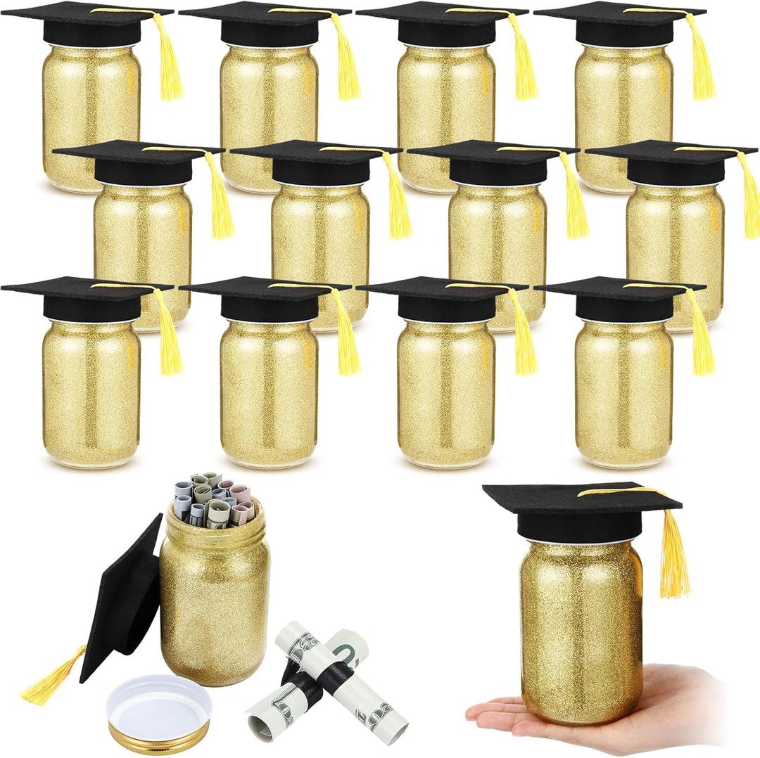 Suclain 12 Sets Graduation Decorations Class of 2025 Graduation Jar Table Centerpieces with Black Cap 2025 Gift Money Ideas for College High School Congrats Grad Party Supplies