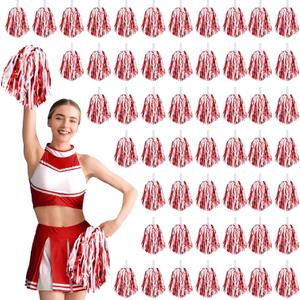 60 Pcs Cheerleading Pom Poms Cheering Pompoms Bulk Cheer Metallic Foil Pom with Baton Handle Plastic Poms Squad for Game Team Spirit Sports Dancing Basketball Club (Red, White)